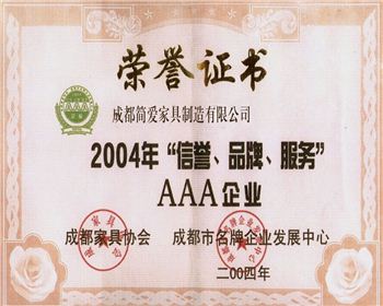 成都現(xiàn)代辦公家具公司榮譽(yù)證書